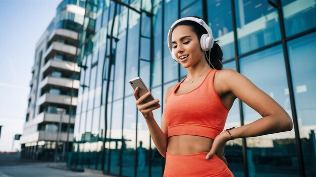 Photo une femme écoute de la musique dans des écouteurs, parcourt les réseaux sociaux via son smartphone, prend une pause après l'entraînement.