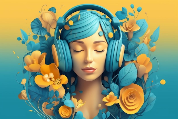 Une femme avec des écouteurs bleus et des fleurs sur la tête