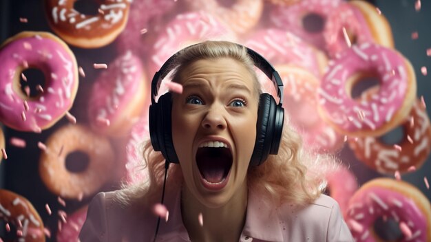 Photo une femme avec des écouteurs donuts