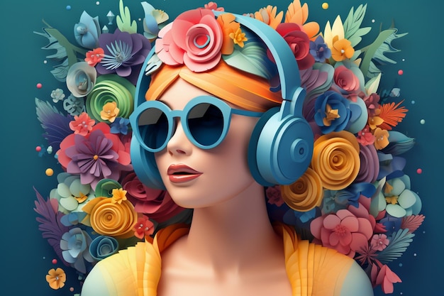 Une femme avec des écouteurs et un fond de fleurs