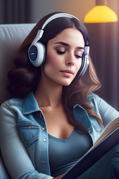 une femme avec des écouteurs lisant un livre.