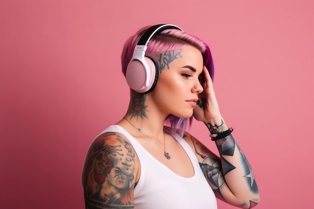 Une femme avec des écouteurs roses et un débardeur blanc écoute de la musique sur fond rose.