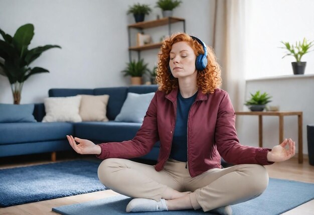 une femme avec des écouteurs sur la tête assise dans une pièce