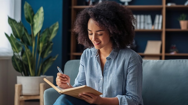 Une femme écrit dans un cahier.