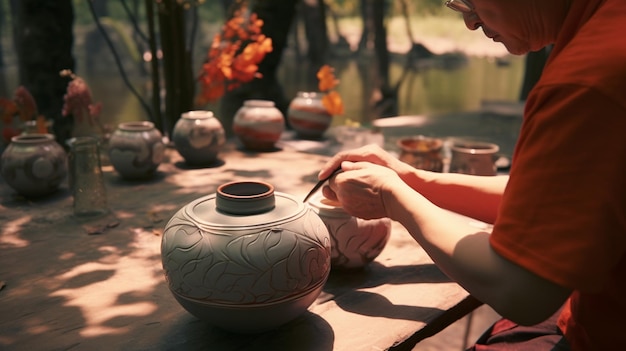 une femme écrit sur un morceau de poterie.