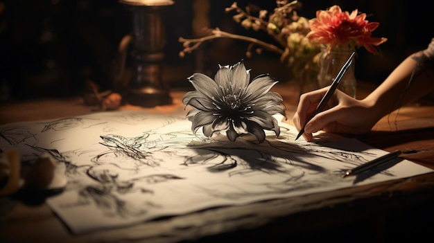 Photo une femme écrit sur une table avec une fleur à la main.