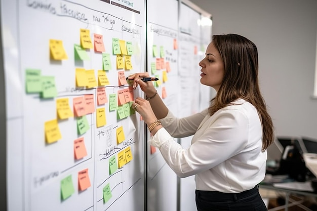 Une femme écrit sur un tableau blanc avec des post-it.