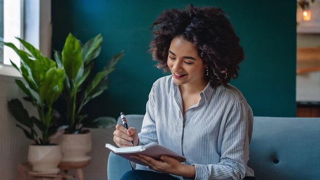 Une femme écrivant sur un cahier.