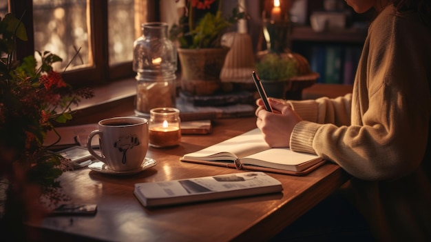 Une femme écrivant dans un cahier à table