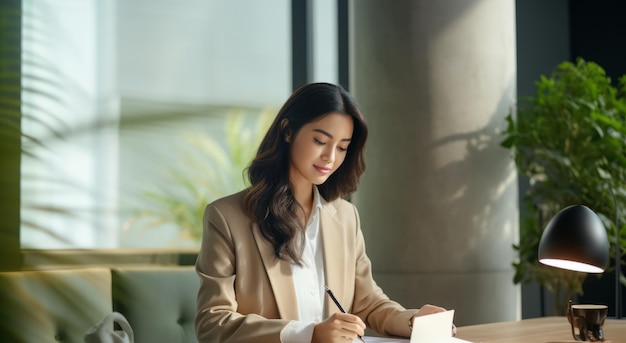 une femme écrivant sur un livre