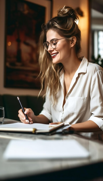 Femme écrivant des notes au café