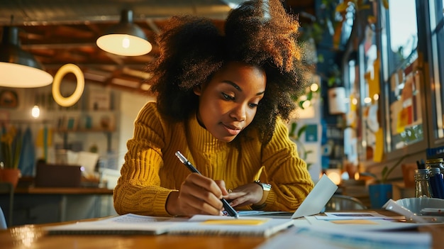 Photo une femme écrivant sur un papier avec un stylo à la main