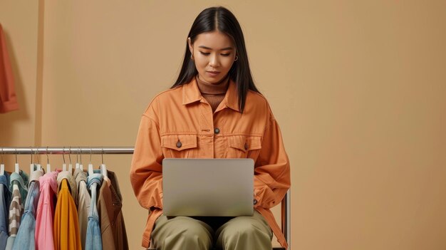 Une femme effectuant des achats en ligne à l'aide de son ordinateur portable et de son téléphone portable tout en étant assise à côté d'un grand smartphone qu'elle utilise pour choisir des vêtements sur un rail sur un fond de studio beige.