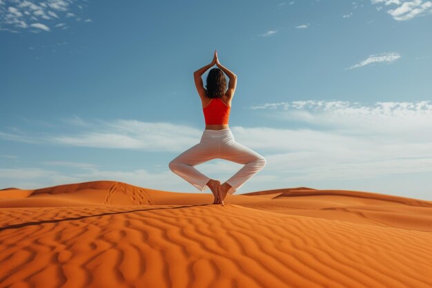 Une femme effectue diverses poses de yoga au milieu de la vaste étendue du paysage désertique Une femme pratique le yoga sur une dune de sable du désert générée par l'IA