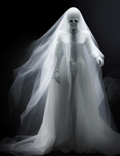femme effrayante à l'intérieur du tissu blanc comme un fantôme d'Halloween sur fond sombre 13