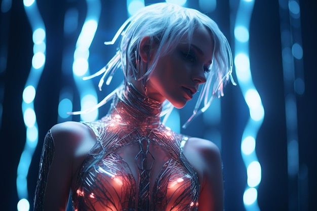 Femme d'élégance futuriste dans le paysage urbain NeonLit Chrome