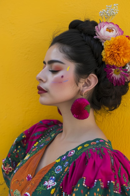 Une femme d'élégance rayonnante dans une tenue colorée d'inspiration mexicaine