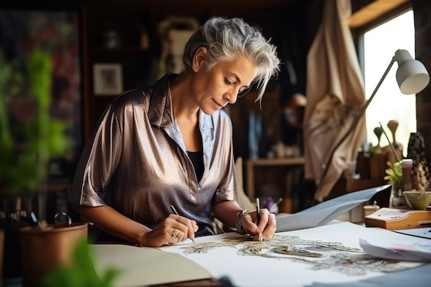 Femme élégante d'âge moyen créateur de mode dessinant des croquis en studio Mature vieil adulte élégant dame aux cheveux gris couturière propriétaire de petite entreprise créant un nouveau tissu de design de mode en atelier