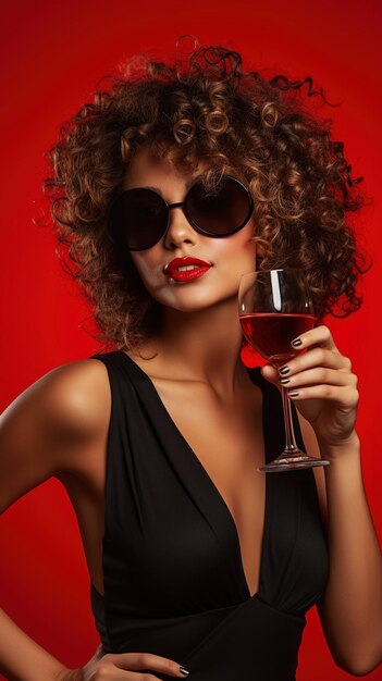 Photo une femme élégante et bouclée avec des lunettes de soleil tient un verre de cocktail.