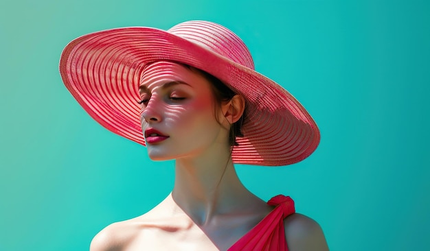 Une femme élégante en chapeau rouge avec un éclairage spectaculaire et un fond turquoise