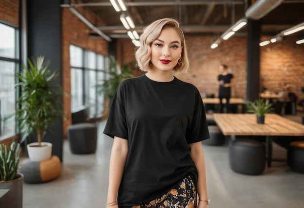 Une femme élégante avec une coiffure chic bob se tient dans un bureau moderne son haut noir contraste avec le