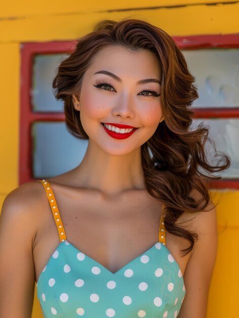 Une femme élégante avec une coiffure rétro et une robe à pointes posant sur un fond coloré