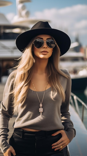 Femme élégante dans un chapeau posant sur un yacht