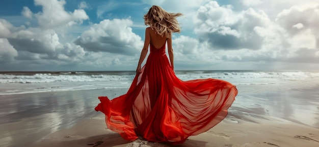 Une femme élégante dans une robe rouge flottante sur la plage