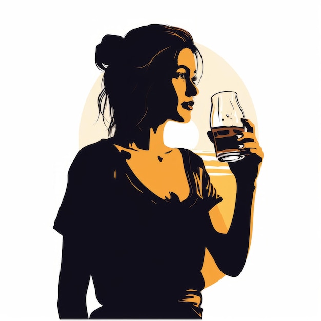 Une femme élégante dégustant du whisky noir et ambre illustration