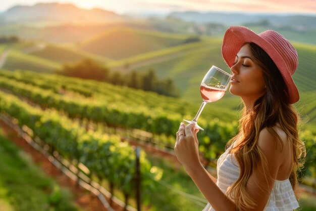 Une femme élégante dégustant un verre de vin dans les collines de Rolling Vineyard au Sunset Leisure à la campagne