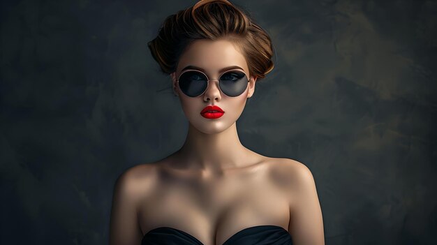 Photo femme élégante avec du rouge à lèvres dans une robe noire portrait de style studio à fond sombre représentation de glamour et de beauté vintage idéal évocateur et élégant pour les concepts de mode ai
