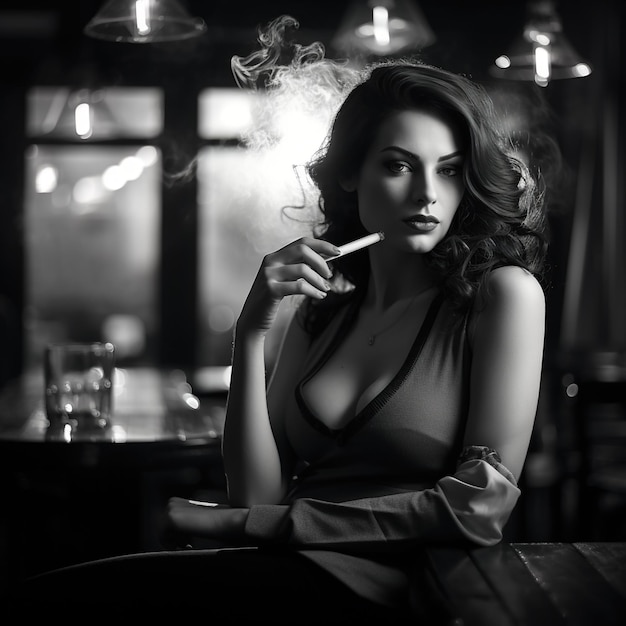 Une femme élégante fume dans un bar.