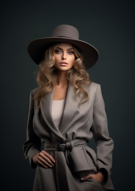 Femme élégante avec un manteau et un chapeau élégants sur un fond gris AI générative