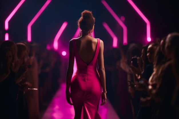 Femme élégante marche sur le podium en robe de couleur rose dans un défilé de mode générative ai