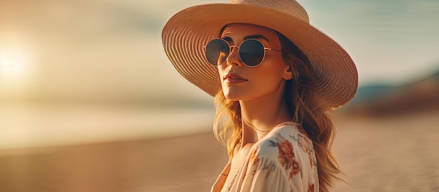 Femme élégante sur la plage de sable au coucher du soleil, se relaxant et profitant de ses vacances avec beaucoup d'espace