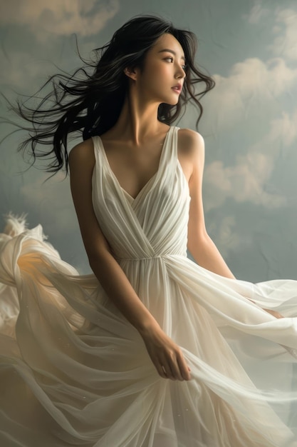 Une femme élégante en robe blanche flottante posant avec un mouvement gracieux sur un fond humeurné