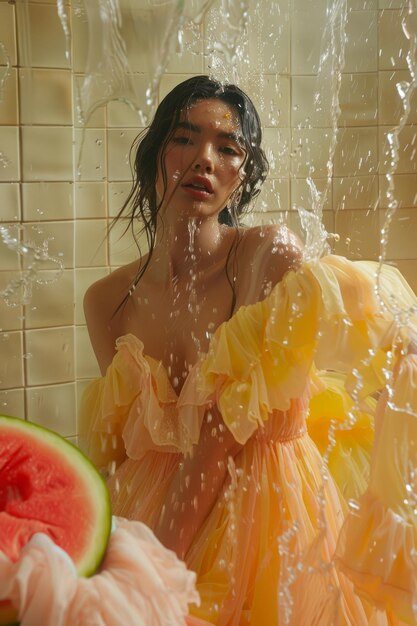 Une femme élégante en robe jaune flottante appréciant l'éclaboussure d'eau dans une salle de douche ensoleillée avec des tuiles fraîches