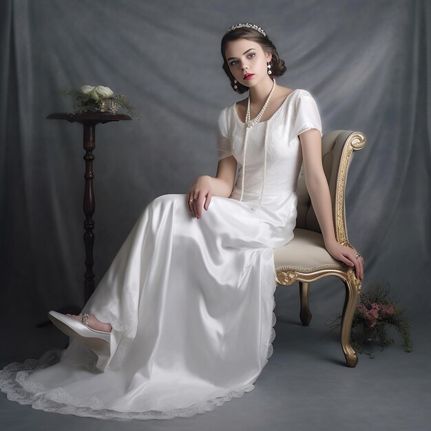 Une femme élégante en robe de mariée vintage assise sur une chaise antique