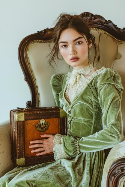 Une femme élégante en robe verte vintage tenant une valise classique assise sur une chaise antique