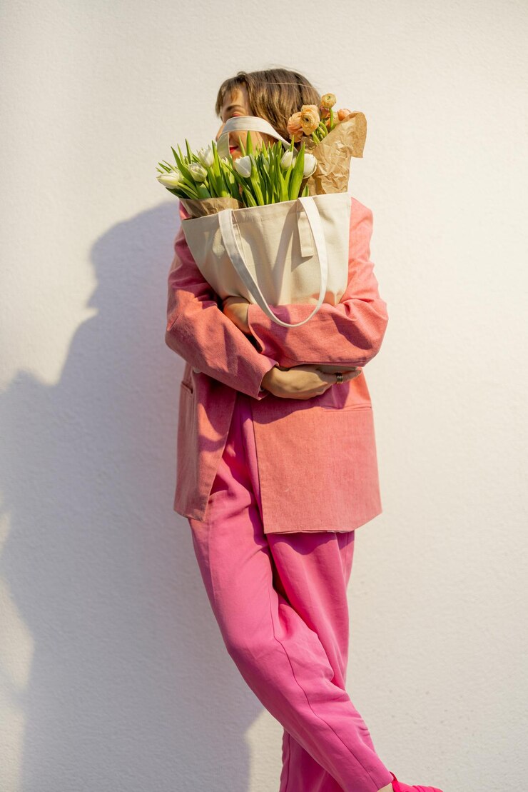 Photo une femme élégante avec un sac à dos et des fleurs en arrière-plan