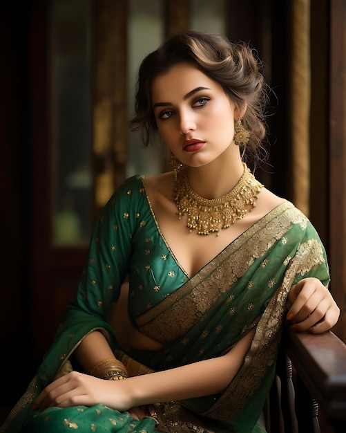 Une femme élégante en saree vert avec une coiffure glamour et des bijoux