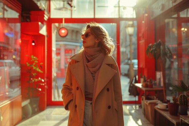 Une femme élégante se promène dans un paysage urbain moderne