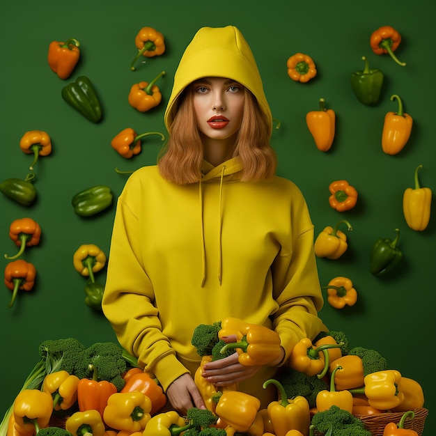 Photo femme élégante en sweat-shirt jaune avec un panier de poivre sucré et des fleurs sur fond vert