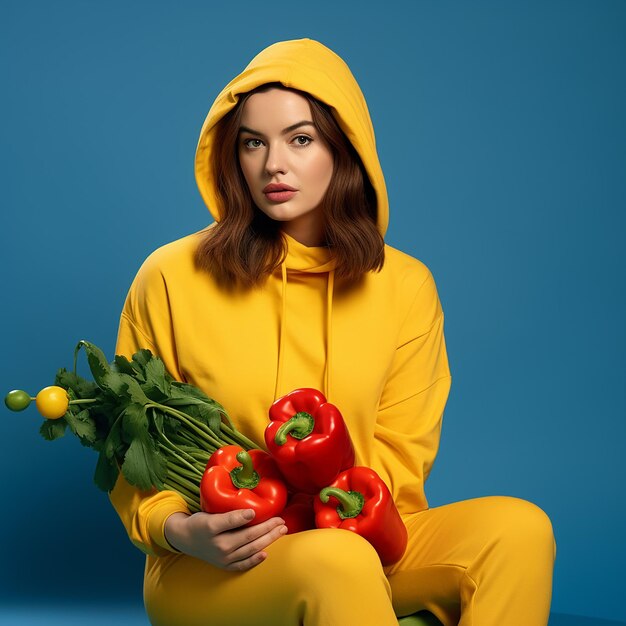 Photo femme élégante en sweat-shirt jaune avec panier de poivre sucré et de fleurs