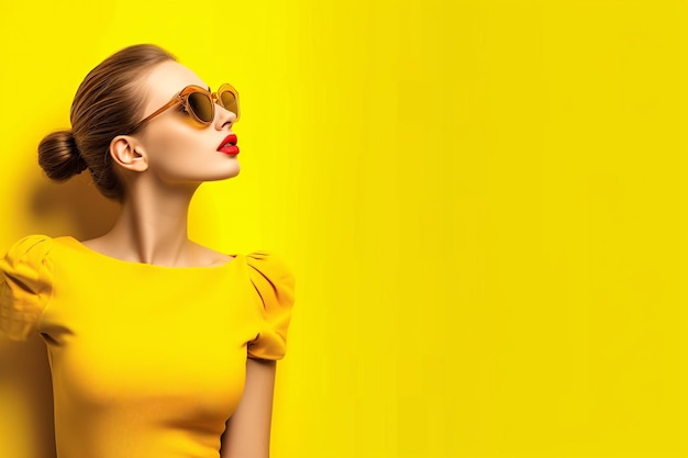 Une femme élégante en tenue jaune contre un fond vibrant AI générative