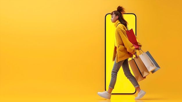 Photo une femme élégante en veste jaune portant des sacs d'achat une image de style de vie conceptuel moderne avec un fond de couleur vibrant