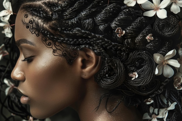 Une femme avec d'élégantes tresses dans les cheveux ornées de fleurs colorées émettant un sentiment de beauté naturelle et de grâce