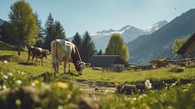 une femme élevant des vaches dans une prairie verte haut dans les montagnes zone écologiquement propre élevage de vaches ferme rurale