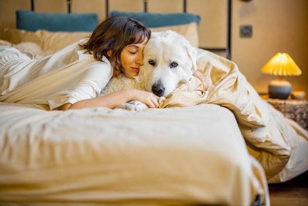 femme, à, elle, chien, coucher lit