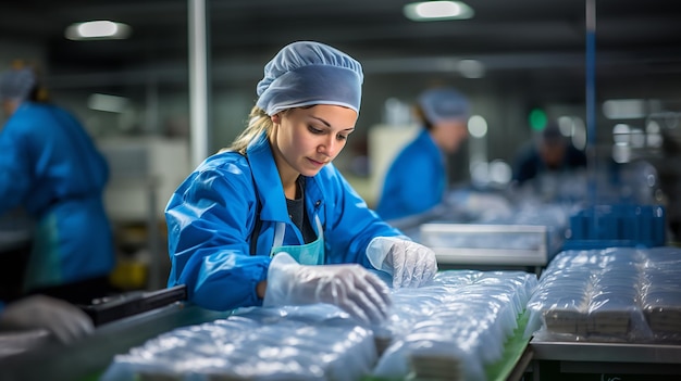 Photo une femme emballant des aliments congelés dans une usine d'emballage ai générative